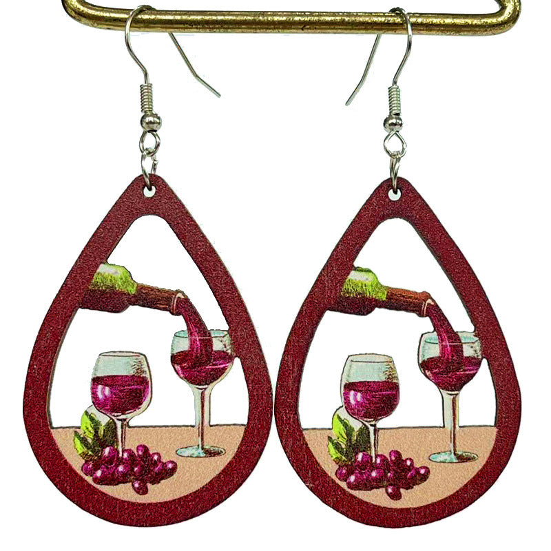 Wholesale 2 Pairs/pack Red Wine Party Drinking Cat Wooden Earrings